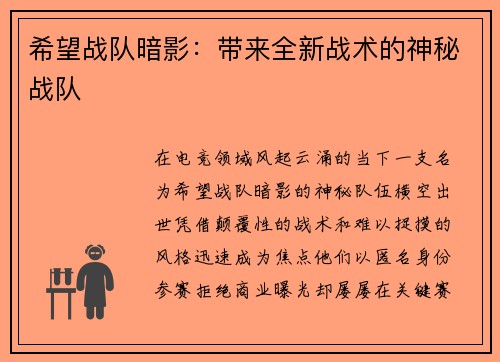 希望战队暗影：带来全新战术的神秘战队